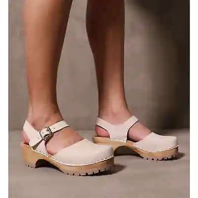 MIA Taupe Freja Mary Jane Wood Italian Leather Swedish Sandal Clogs Size 6/36 • $50