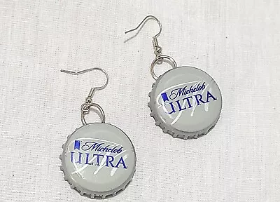 Silver Tone Michelob Ultra Silver Bottle Top Boho Drop Dangle Hook Earrings • $4.99