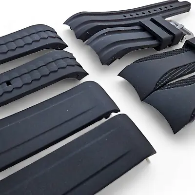 Premium Curved End Watch Strap Band Silicone Rubber 18mm 20mm 22mm 24mm Black UK • £12.95
