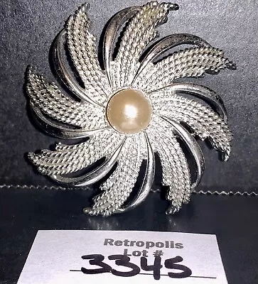 Vtg Sarah Coventry 1960's Pinwheel Spiral Brooch Pin Faux Pearl Silver Tone • $16.15