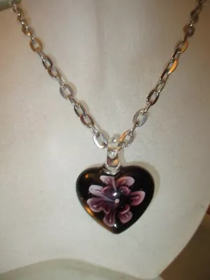 925  Estate Necklace Chained Murano Purple Violet In Black Glass Heart Pendant • $1.99