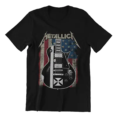 METALLICA US Flag Electric Guitar T-Shirt Heavy Metal Rock Legend On Quality Tee • $18.95