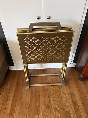 VTG Mid Century Metal TV Trays With  Stand —Faux Parquet Wood MCM Set Of 4 • $79