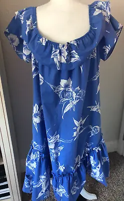 Vtg New S KOLE KOLE HAWAII USA Blue Tropical Floral SUN DRESS MuuMuu Ruffle FLAW • $31.95