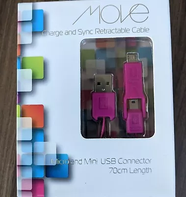 Move 2.3Ft Retractable Usb Combo Cable - Usb To Micro Usb And Mini Usb - Pink • $17.90