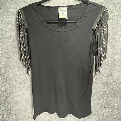 Black Vocal Women Size Small  Sleeveless Shirt Chrome Studded Fringe Shoulder • $23.99