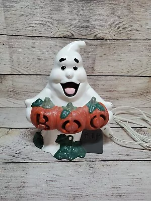 Vtg Halloween Ceramic Lamp Lighted GHOST W/ PUMPKINS Jack-O-Lantern 9  H - WORKS • $17