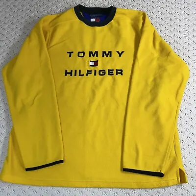 Vintage Tommy Hilfiger Mens Spellout Logo Pullover Fleece Yellow Sweater Size XL • $22.49