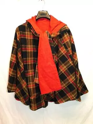 Vintage Brown Red Black Plaid Fleece Cape Reversible Snap Jacket Scarf Attached • $34.99