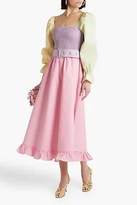 OLIVIA RUBIN Shirred Color-block Twill Midi Dress - 16 UK • £67.50