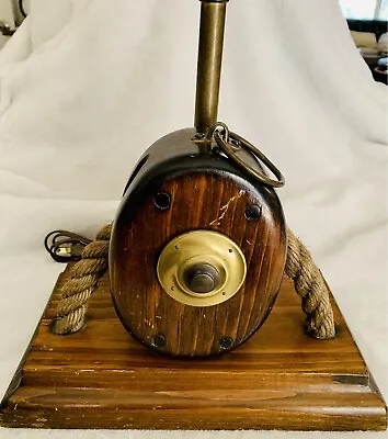 VINTAGE 70s Wood ROPE PULLEY Ship Style LAMP Brass Sea Harp Finial 21” BOHO Sail • $35