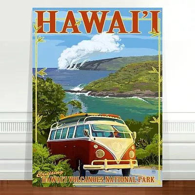 Retro Hawaii Surf Travel Poster Art ~ CANVAS PRINT 18x12  Hawaii VW Camper Van • $13.87