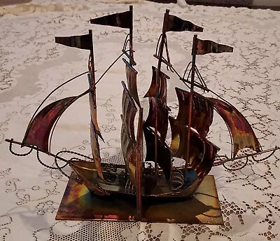 Vintage Oxidized Copper Alloy Nautical Pair Bookends MCM Sailing Ships Patina • $12.90