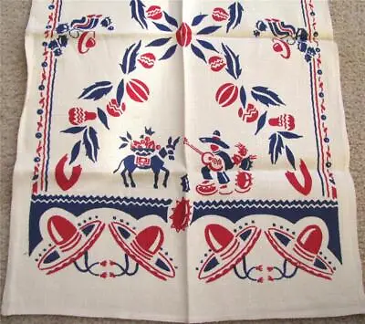 Vintage Linen Tea Towel Red White Blue Print Mexican Man Donkey Sombrero Guitar • $19.99