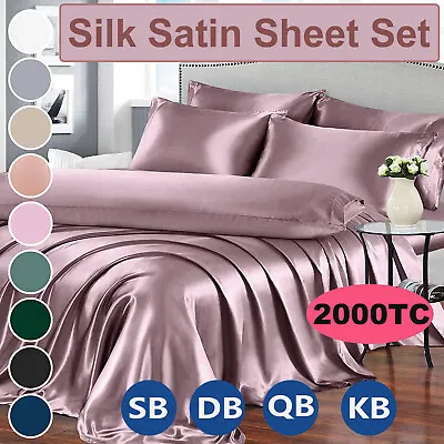 Smooth Silk Satin Bed Fitted Flat Pillowcases Solid Sheet Set Queen King • $24.99
