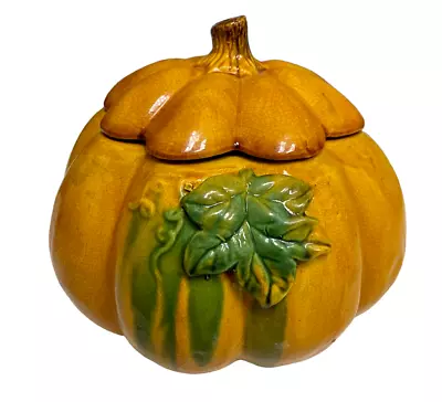 Autumn Pumpkin Ceramic Cookie Jar Halloween Candy Jar Pumpkin Top Lid Orange • $35