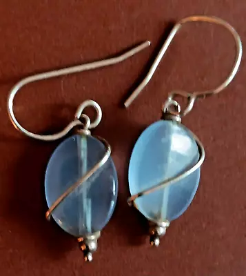 MYSTICAL Blue Chalcedony Gemstone Earrings Silver Wrap Graceful Flow 9/16 X 3/8” • $11.99