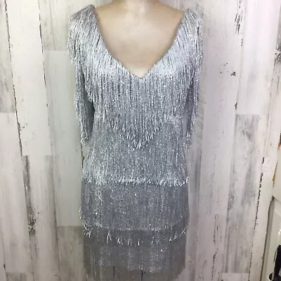 FAERIESTY Sequin Fringe Flapper Roaring 20’s Silver Gatsby Mini Dress Taylor L • $45