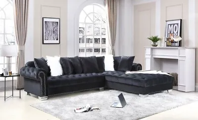 OVERSIZED 123” Wide Contemporary Black Velvet Sectional Sofa Luxurious Modern • $2099.99