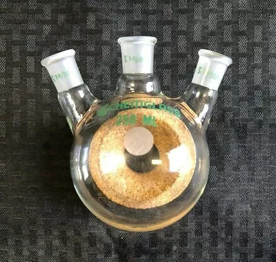 CHEMGLASS  250mL 14/20 Glass Angled 3-Neck Round Bottom Flask CG-1524-A-11 Chip • $24.74