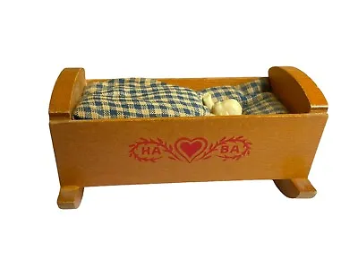 Haba Painted Vintage Wooden 4  Doll Cradle For Dollhouse With Baby And Bedding • $21.57