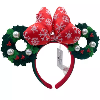 DisneyParks Red Christmas Holiday Minnie Mouse Bow Wreath Ears Headband Ears • $16.13