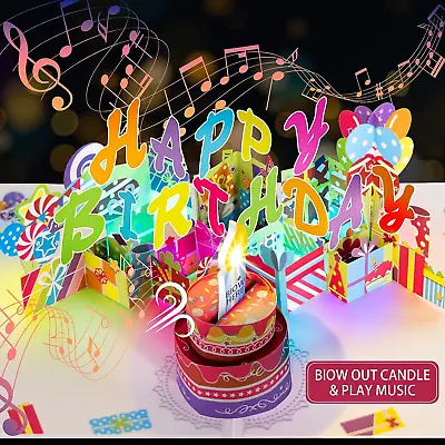 3D Musical Birthday Popup Card With Blowable LED Light Candle And Happy Birthday • $17.99