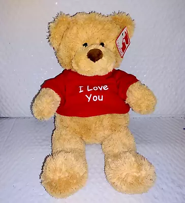 Gund  I LOVE YOU Teddy Bear Golden Brown Fuzzy 14in Plush Red Shirt 4060138 LNWT • $19.99