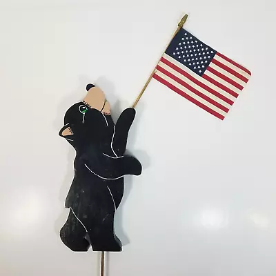 Vtg WOODEN HAPPY BLACK BEAR Flag Holder LAWN YARD ORNAMENT Wood Hand Painted USA • $24.99