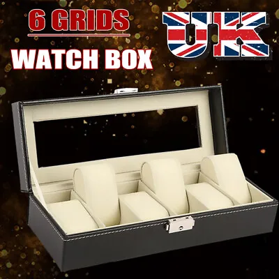 £9.95 • Buy Mens 6 Grids PU Leather Watch Display Case Jewelry Storage Holder Box Glass Top
