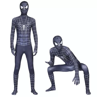 Men Adult BLACK Cosplay Spiderman Costume Halloween Jumpsuit Fancy Dress Outfit • £22.19