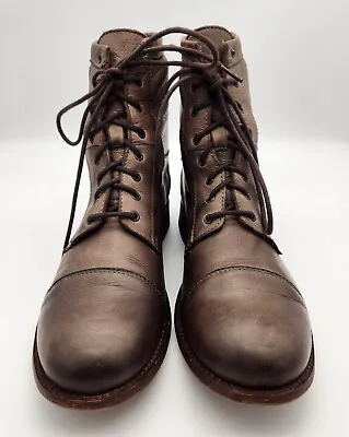 Frye Erin Lug Work Boot Brown Gray Cap Toe Lace Up Leather Combat Boot Size 10 • $59.99