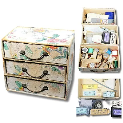 MID-CENTURY Floral 3-Drawer Sewing Set Kit: CONTENTS FULL Boudoir Shabby Country • £44.95