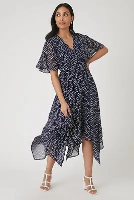 Wallis Petite Navy Spot Shirred Midi Dress • £27