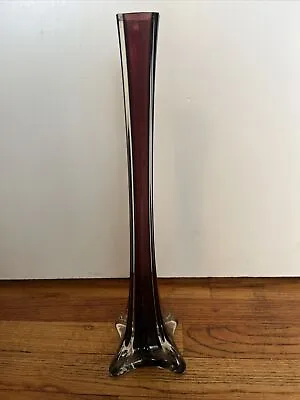 Vase Long 16in Purple Ribbed Square Shaped Glass Solid Base Bottom Handmade • $32