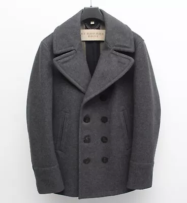 Men's BURBERRY BRIT Luxury Wool Cashmere Pea Coat Double Breasted Overcoat L/XL • $440