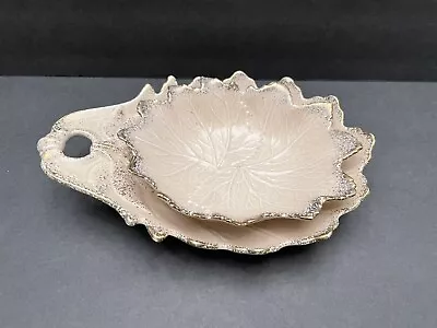 VTG California Original Pottery 2 Ceramic Leaf Bowl Dish Set Beige Gold 10” & 7” • $16.99