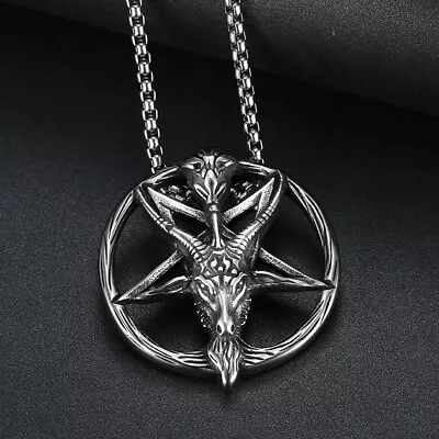 Mens Inverted Pentagram Satanic Goat Pendant Necklace Baphomet Jewelry Chain 24  • $11.99