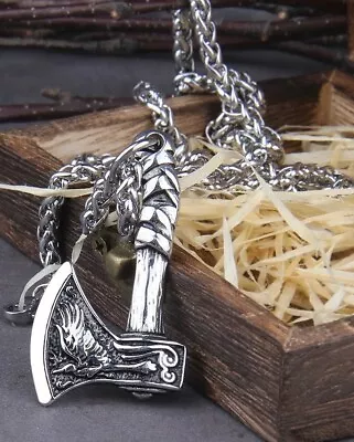 £9.95 • Buy Stainless Steel Viking Axe Hammer 2 Sided Wolf Raven Odin Thor Silver Necklace