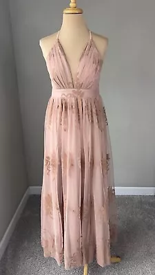 Luxxel Blush Velvet Burnout Floral Mesh Gown Maxi Dress Women's M • $34.99