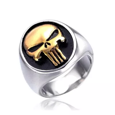New Stainless Steel Gold Tone Mens Outlaw Biker Punisher Skull Ring Size 7-13 • $10.55