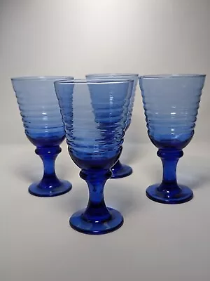 Vintage Libbey Sirrus  Blue Stemmed 4 Water Goblets Ribbed • $34