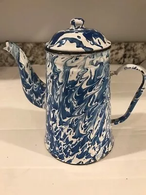 Vintage Enamelware Blue & White Swirl Coffee Pot W/ Lid 8 1/2   • $19.99