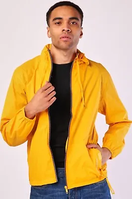 55 Soul Mens Bright Yellow Nylon Zip Up Hooded Spring Rain Jacket Size Large • £25.99