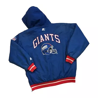 Vintage Starter New York Giants Puffer Jacket Medium M Blue Hoodie Windbreaker • $99.98