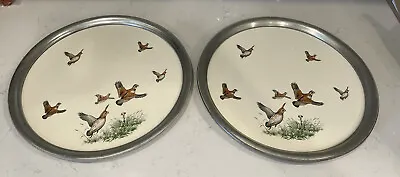 Vintage Revere Ware Pewter Porcelain Serving Tray Quail Set Of 2 • $42