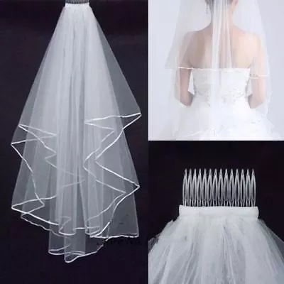 £7.99 • Buy Ivory White 2t Bridal Wedding Veil DIAMANTE CRYSTALS + PEARL BEADS Comb Elbow