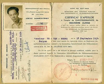 Vietnam 1954 Certificate CERTIFICAT D'APTITUDE • $25