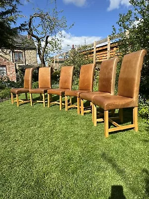 Set Of 6 Tan Leather And Oak Dining Chairs • £245