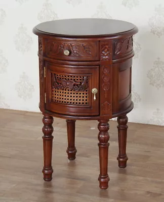 Mahogany French Round Bedside Table One Drawer Cupboard With Rattan Door BS025 • £325